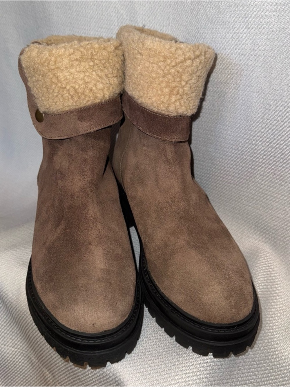 Cougar Taupe Suede Ankle Boots with Cream Shearling Cuff